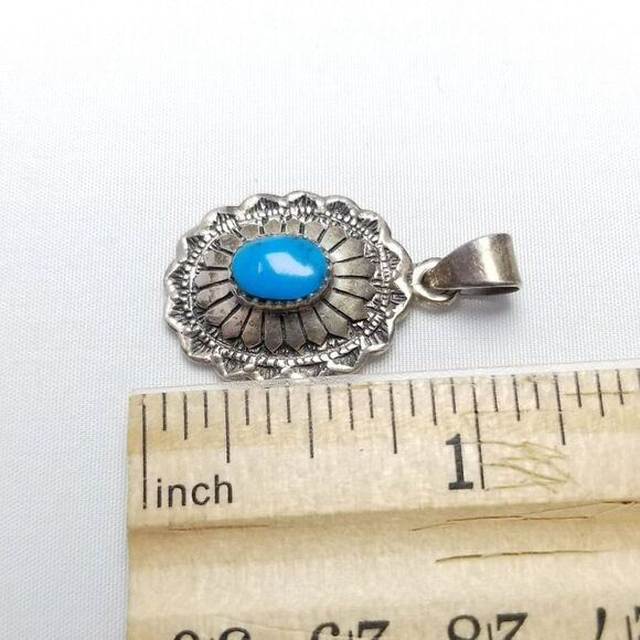 Vintage JC Signed Sterling Silver Turquoise Oval Shape Pendant, Estate - Picture 5 of 7